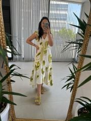 My 3507 V Yaka Yağ Yeşili Pamuk Keten Elbise