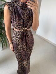 My 3840 Süet Dokulu Bel Dekolteli Kahve Leo Elbise