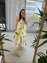 My 3507 V Yaka Yağ Yeşili Pamuk Keten Elbise