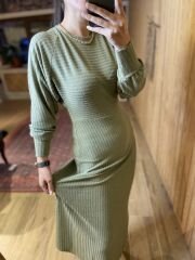 Yeşil yarasa kol uzun triko elbise