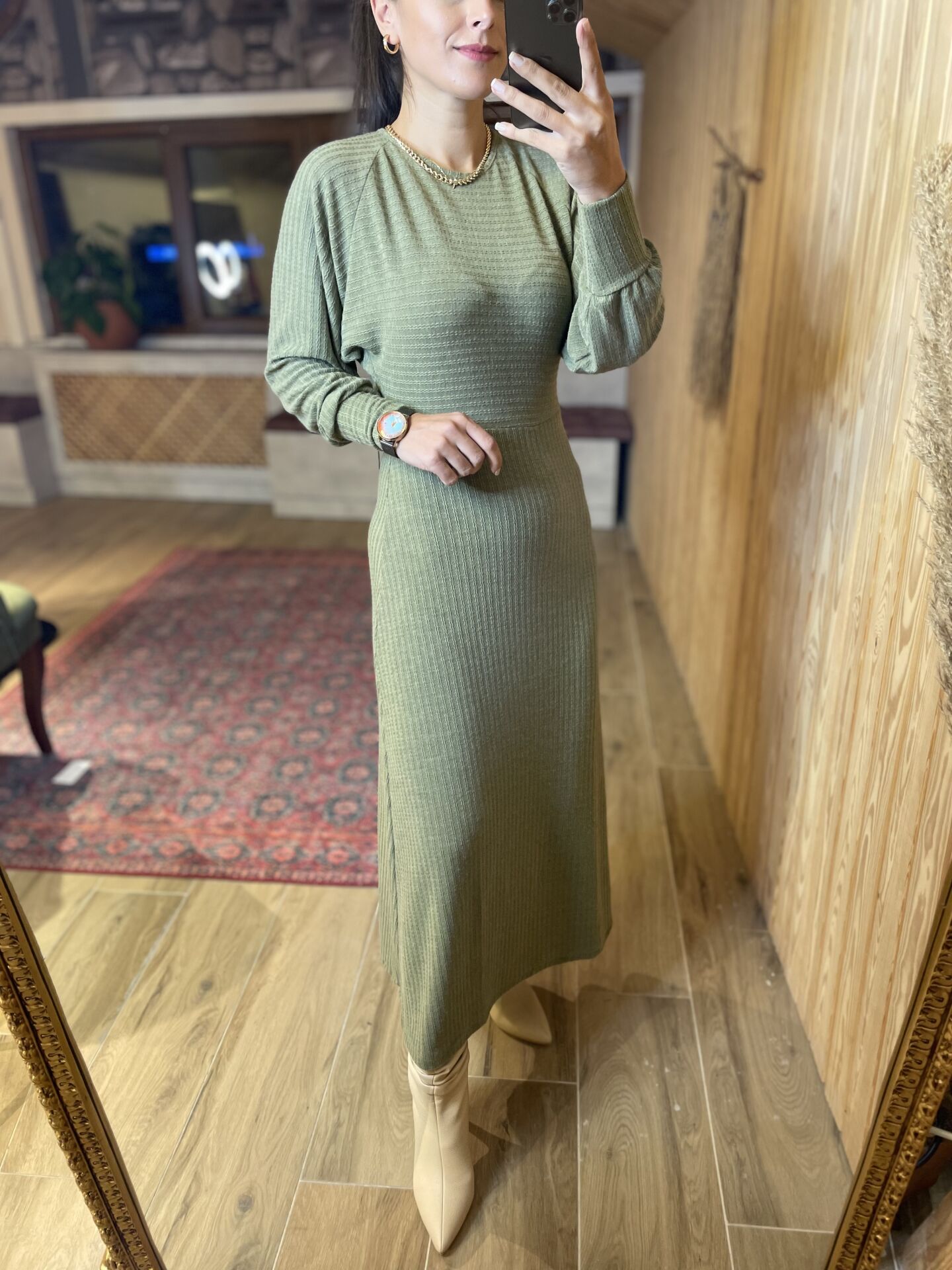 Yeşil yarasa kol uzun triko elbise