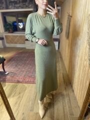 Yeşil yarasa kol uzun triko elbise