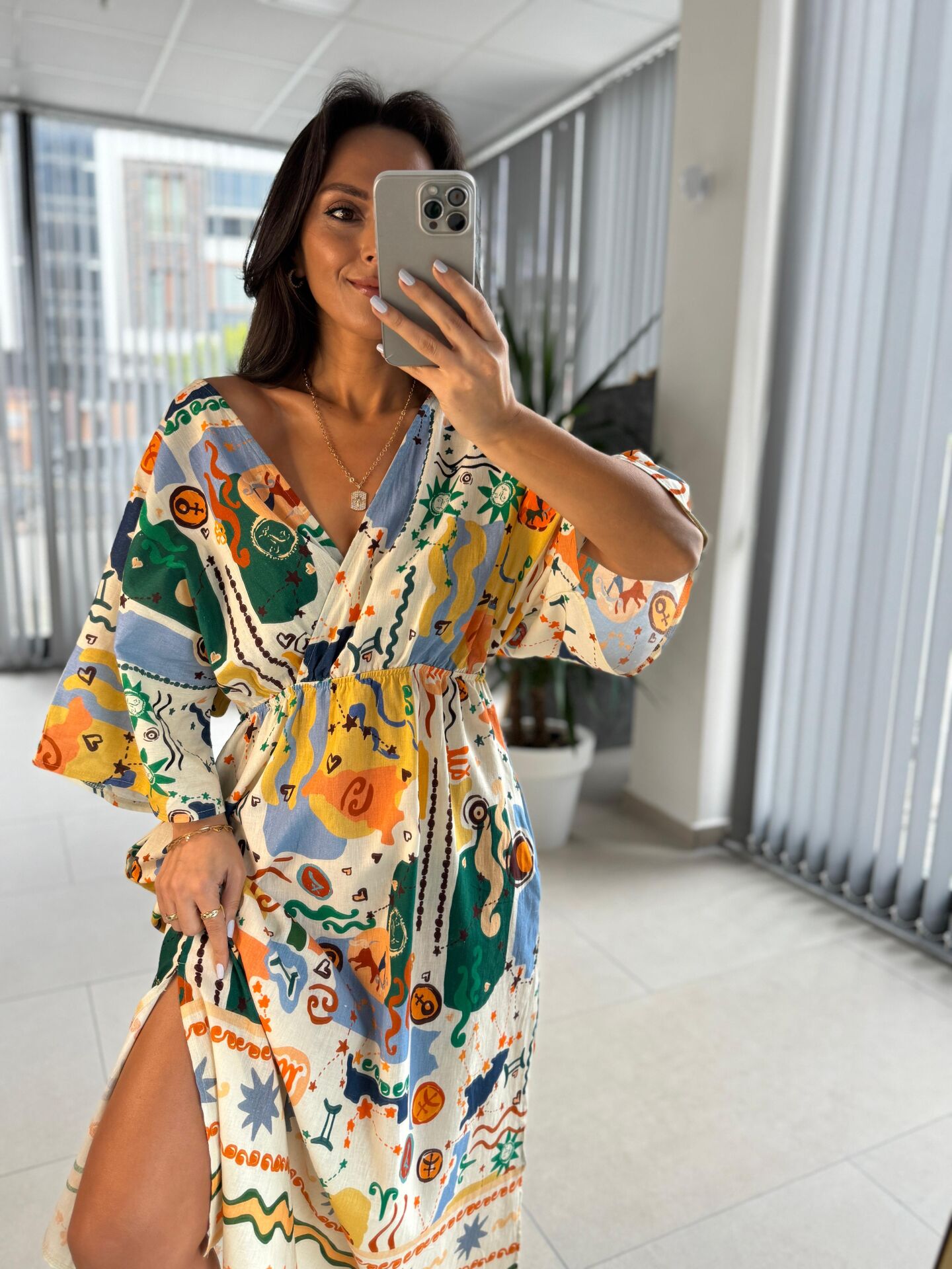 Bb 30008 Kruvaze Yaka Ekru-Yeşil Pamuk Keten Elbise