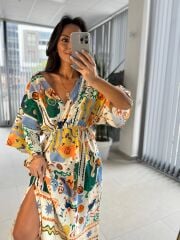 Bb 30008 Kruvaze Yaka Ekru-Yeşil Pamuk Keten Elbise