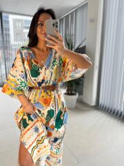 Bb 30008 Kruvaze Yaka Ekru-Yeşil Pamuk Keten Elbise