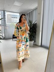 Bb 30008 Kruvaze Yaka Ekru-Yeşil Pamuk Keten Elbise