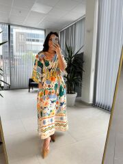 Bb 30008 Kruvaze Yaka Ekru-Yeşil Pamuk Keten Elbise