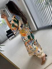 Bb 30008 Kruvaze Yaka Ekru-Yeşil Pamuk Keten Elbise