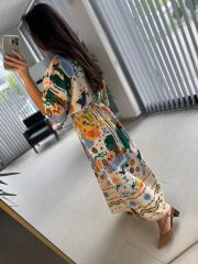 Bb 30008 Kruvaze Yaka Ekru-Yeşil Pamuk Keten Elbise