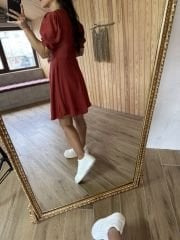 Öpücük yaka pamuk keten elbise