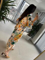 Bb 30008 Kruvaze Yaka Ekru-Yeşil Pamuk Keten Elbise