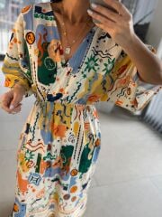 Bb 30008 Kruvaze Yaka Ekru-Yeşil Pamuk Keten Elbise