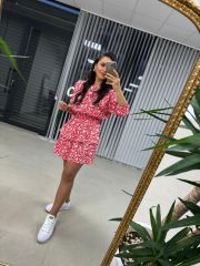 Sg Ağaç Kabuğu Kırmızı Çiçekli Elbise