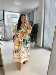 Bb 30008 Kruvaze Yaka Ekru-Yeşil Pamuk Keten Elbise