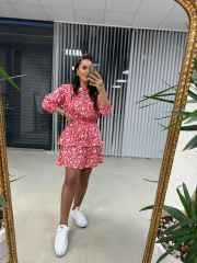 Sg Ağaç Kabuğu Kırmızı Çiçekli Elbise