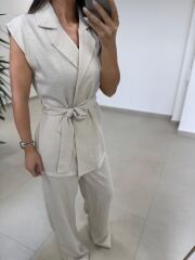 Art 4016 Keten Kuşak Detaylı Taş Yelekli Takım