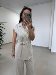 Art 4016 Keten Kuşak Detaylı Taş Yelekli Takım