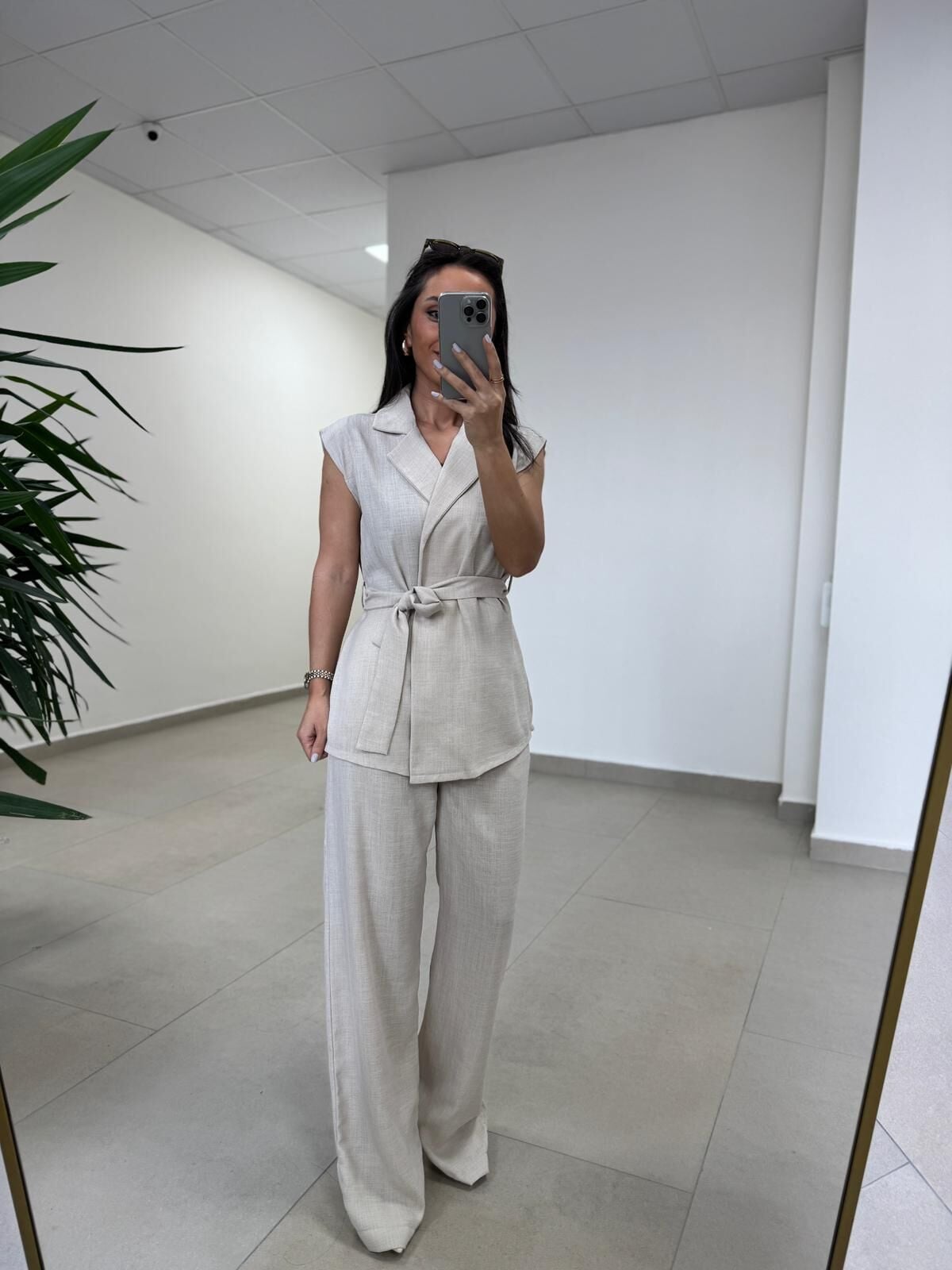 Art 4016 Keten Kuşak Detaylı Taş Yelekli Takım