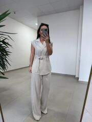 Art 4016 Keten Kuşak Detaylı Taş Yelekli Takım