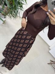 Ms 227 Anvelop Detaylı Kahve Desenli Tasarım Etek