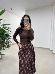 Ms 227 Anvelop Detaylı Kahve Desenli Tasarım Etek