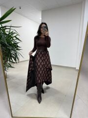 Ms 227 Anvelop Detaylı Kahve Desenli Tasarım Etek