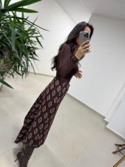 Ms 227 Anvelop Detaylı Kahve Desenli Tasarım Etek