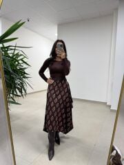 Ms 227 Anvelop Detaylı Kahve Desenli Tasarım Etek