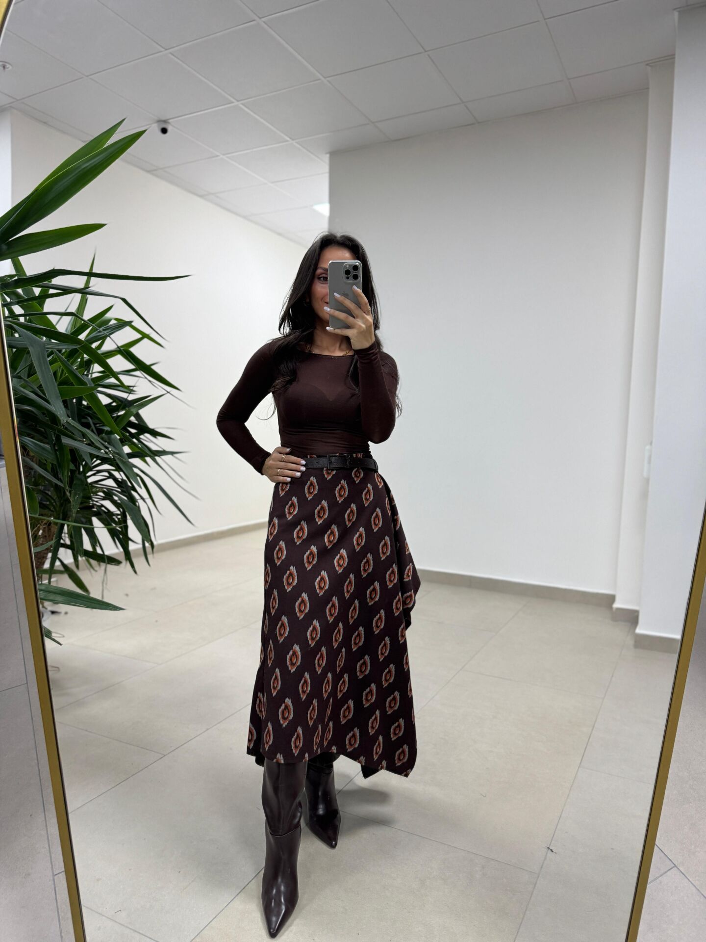 Ms 227 Anvelop Detaylı Kahve Desenli Tasarım Etek