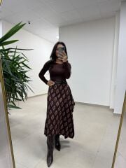 Ms 227 Anvelop Detaylı Kahve Desenli Tasarım Etek