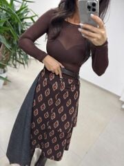 Ms 227 Anvelop Detaylı Kahve Desenli Tasarım Etek
