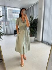 Bb 30050 Su yeşili Bel Gipe Detaylı Fermuarlı Elbise