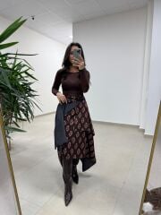 Ms 227 Anvelop Detaylı Kahve Desenli Tasarım Etek