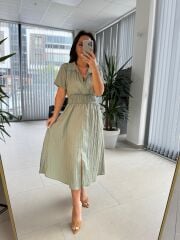 Bb 30050 Su yeşili Bel Gipe Detaylı Fermuarlı Elbise