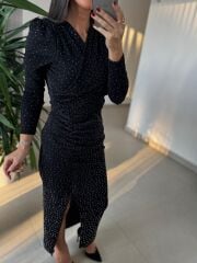 My 3837 Önden Drapeli Omuz Vatkalı Siyah Elbise