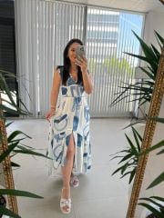 My 3507 V Neck Indigo Cotton Linen Dress