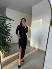 My 3837 Önden Drapeli Omuz Vatkalı Siyah Elbise