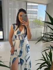 My 3507 V Neck Indigo Cotton Linen Dress