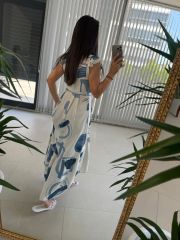 My 3507 V Neck Indigo Cotton Linen Dress