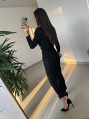 My 3837 Önden Drapeli Omuz Vatkalı Siyah Elbise