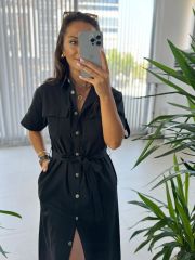 Ms Siyah Cep Kuşaklı Pamuk Keten Elbise