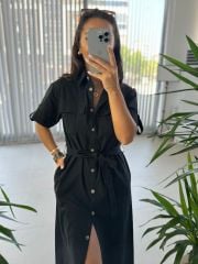 Ms Siyah Cep Kuşaklı Pamuk Keten Elbise