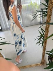 My 3507 V Neck Indigo Cotton Linen Dress