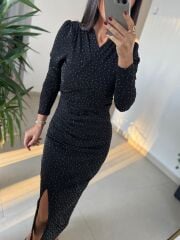 My 3837 Önden Drapeli Omuz Vatkalı Siyah Elbise