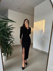 My 3837 Önden Drapeli Omuz Vatkalı Siyah Elbise