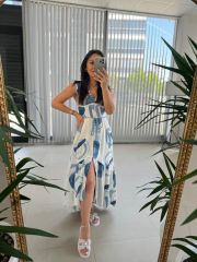 My 3507 V Neck Indigo Cotton Linen Dress