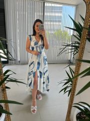 My 3507 V Neck Indigo Cotton Linen Dress