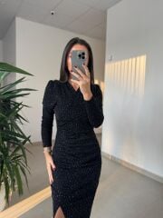My 3837 Önden Drapeli Omuz Vatkalı Siyah Elbise