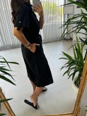 Ms Siyah Cep Kuşaklı Pamuk Keten Elbise