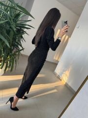 My 3837 Önden Drapeli Omuz Vatkalı Siyah Elbise